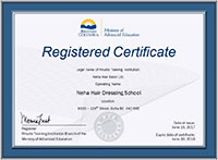 Registered Certificate - Neha Hair Dressing School and Esthetics in Surrey-Delta BC